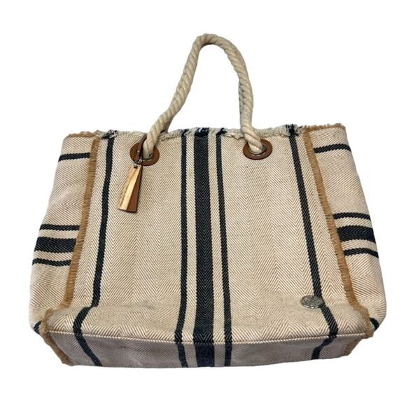 Vince Camuto Ulla-To Striped Tote Bag Purse Beach Summer Tan Beige/Blue - Picture 1 of 10